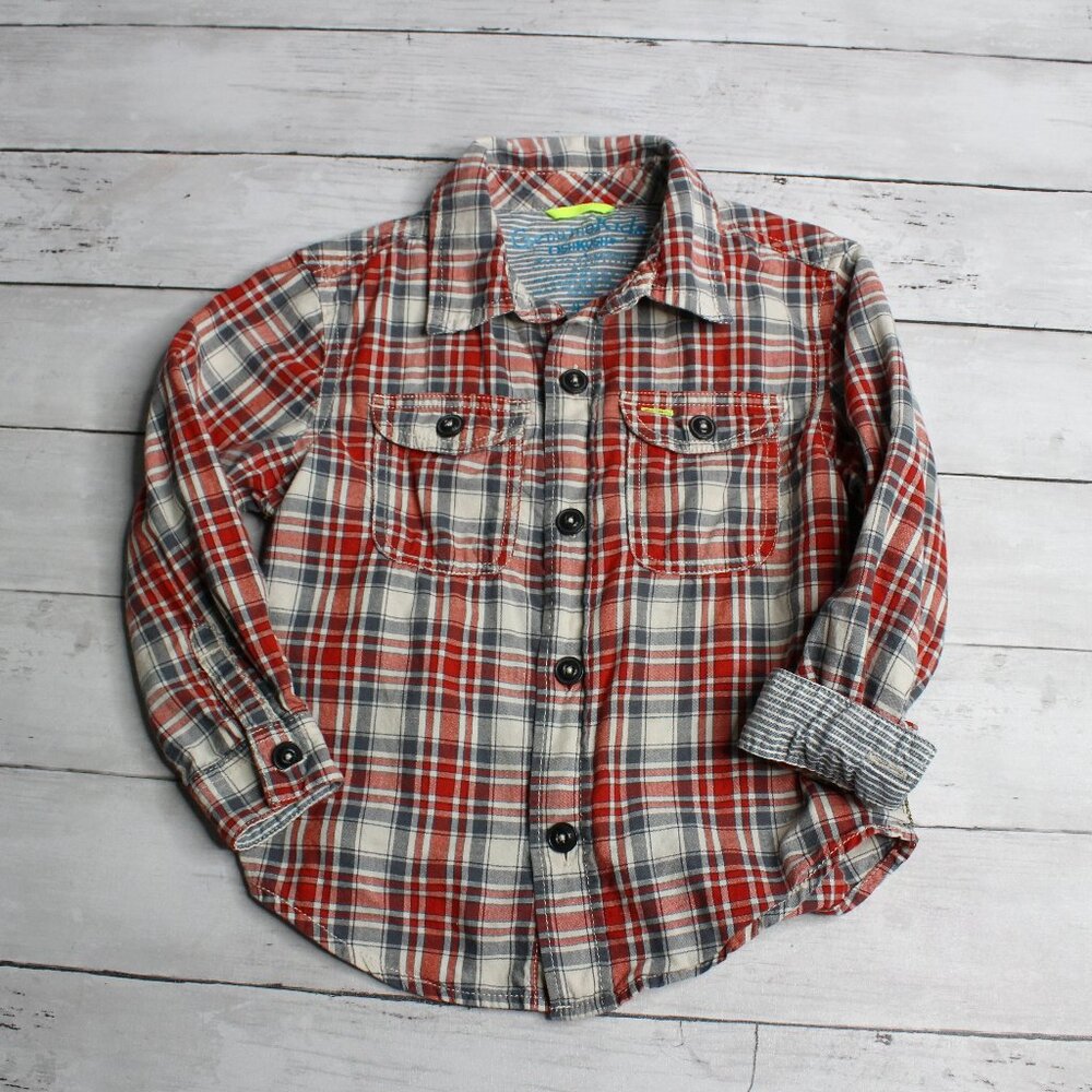 Oshkosh Boy's Button Up Dress Shirt Toddler Size 4T Red Blue Plaid Long